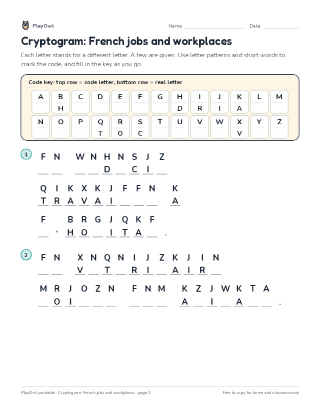 Cryptogram: French jobs and workplaces: secret code puzzle for Grade 7, page 1 preview
