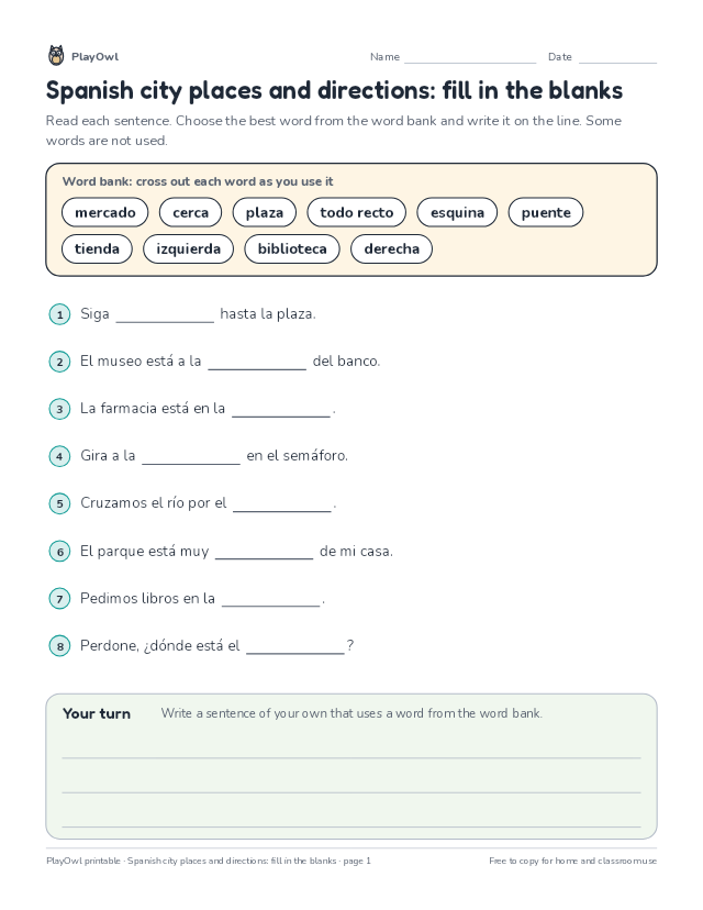 Spanish city places and directions: fill in the blanks: fill-in-the-blank worksheet for Grade 7, page 1 preview