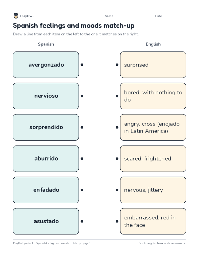 Spanish feelings and moods match-up: matching worksheet for Grade 7, page 1 preview