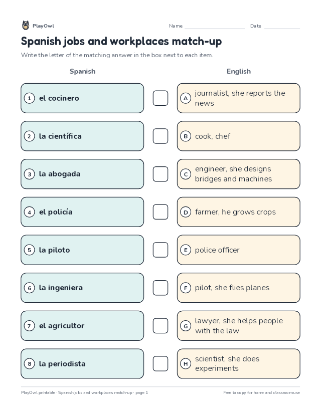 Spanish jobs and workplaces match-up: matching worksheet for Grade 7, page 1 preview
