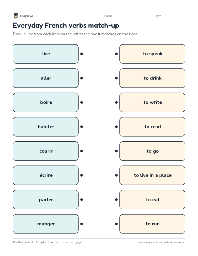 Everyday French verbs match-up: matching worksheet for Grade 7, page 1 preview