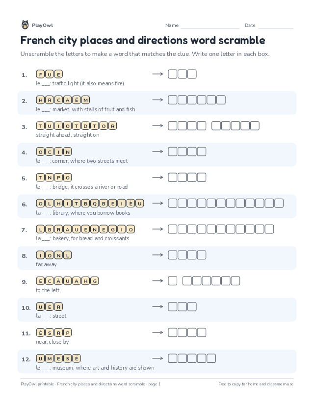 French city places and directions word scramble: word scramble for Grade 7, page 1 preview