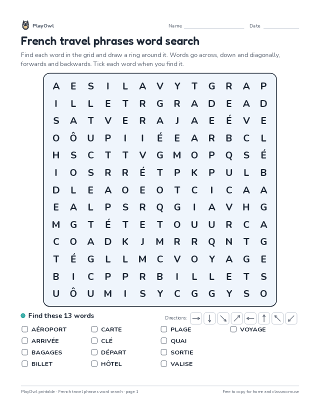 French travel phrases word search: word search for Grade 7, page 1 preview