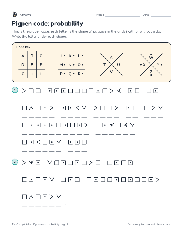 Pigpen code: probability: secret code puzzle for Grade 7, page 1 preview