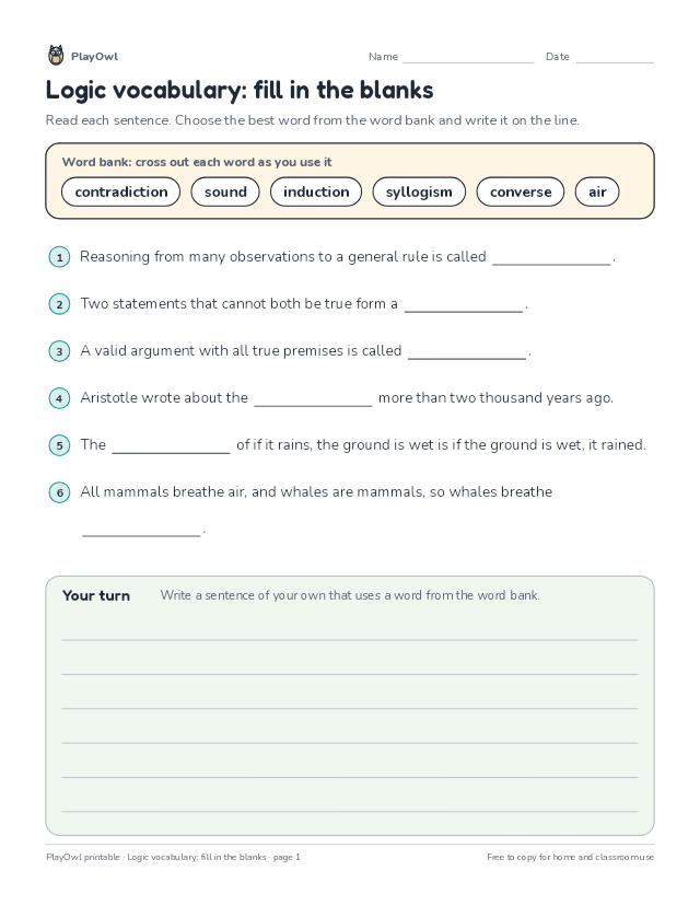 Logic vocabulary: fill in the blanks: fill-in-the-blank worksheet for Grade 7, page 1 preview