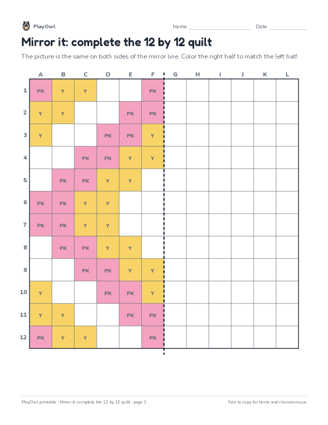 Mirror it: complete the 12 by 12 quilt: grid drawing worksheet for Grade 7, page 1 preview