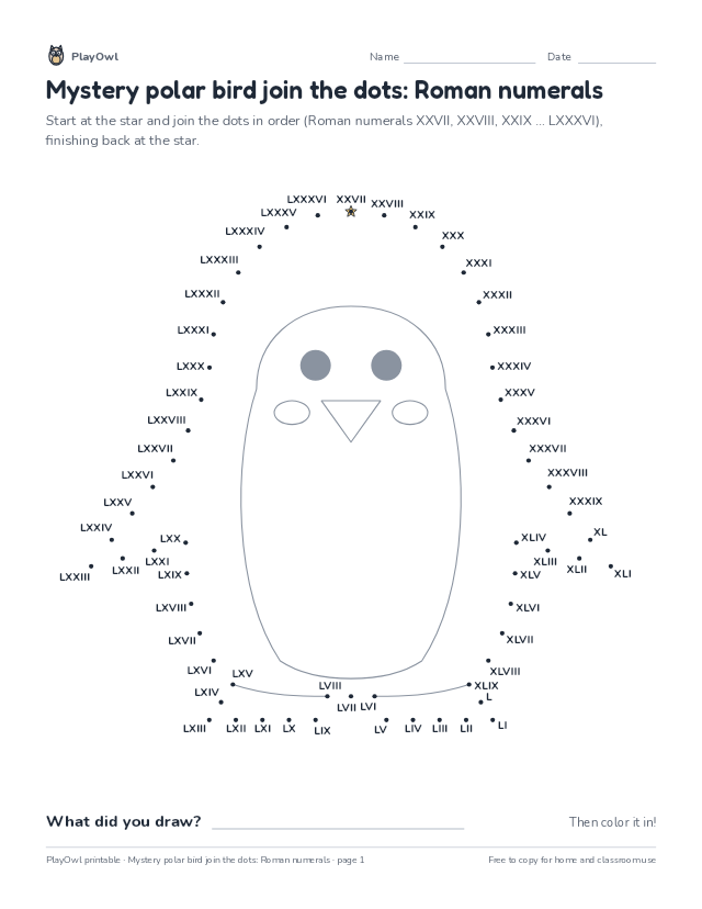 Mystery polar bird join the dots: Roman numerals: dot-to-dot for Grade 7, page 1 preview