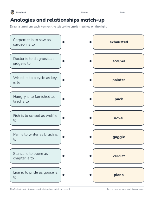 Analogies and relationships match-up: matching worksheet for Grades 7–8, page 1 preview