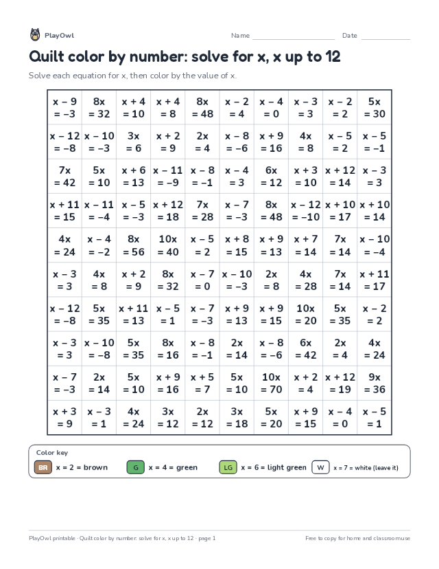 Quilt color by number: solve for x, x up to 12: color-by-number page for Grades 7–8, page 1 preview