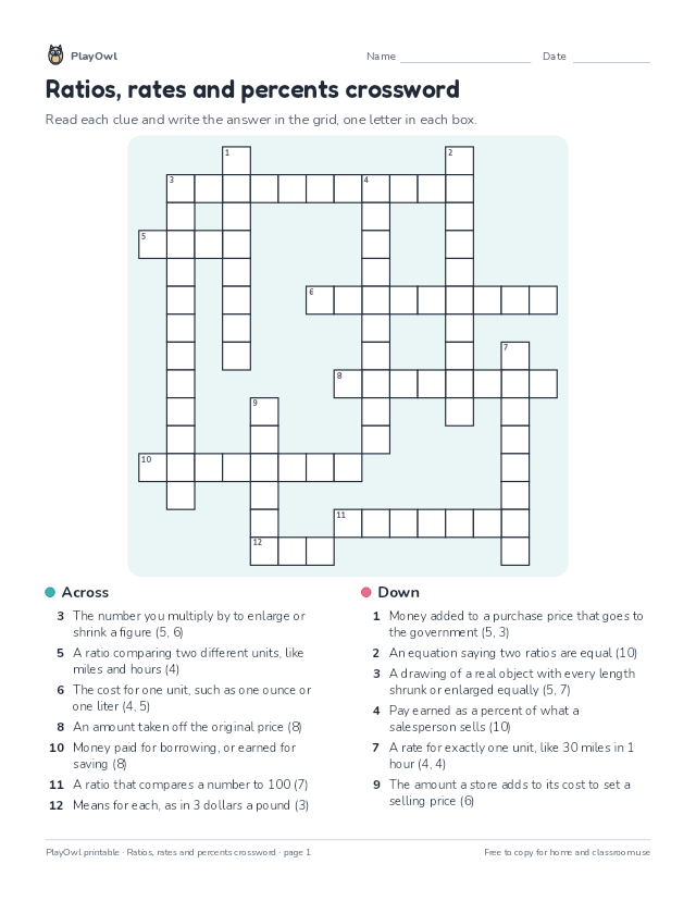 Ratios, rates and percents crossword: crossword puzzle for Grade 7, page 1 preview