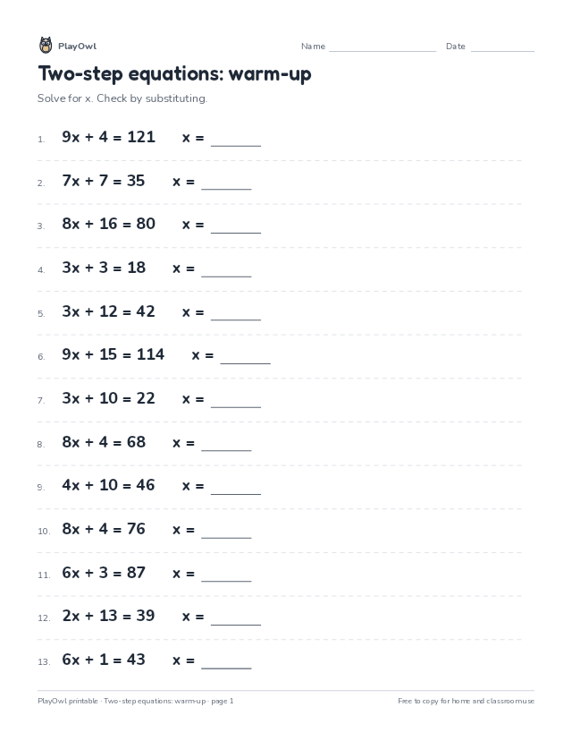 Two-step equations: warm-up: math worksheet for Grade 7, page 1 preview