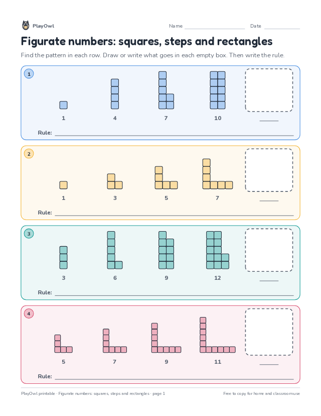 Figurate numbers: squares, steps and rectangles: math pattern worksheet for Grade 7, page 1 preview