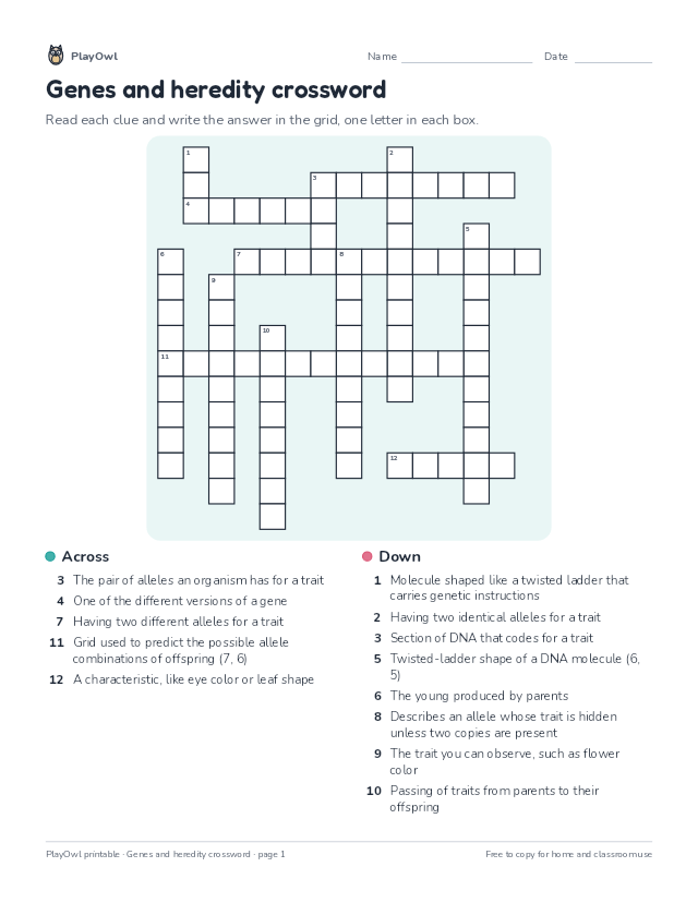 Genes and heredity crossword: crossword puzzle for Grade 7, page 1 preview