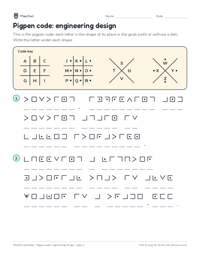 Pigpen code: engineering design: secret code puzzle for Grade 7, page 1 preview