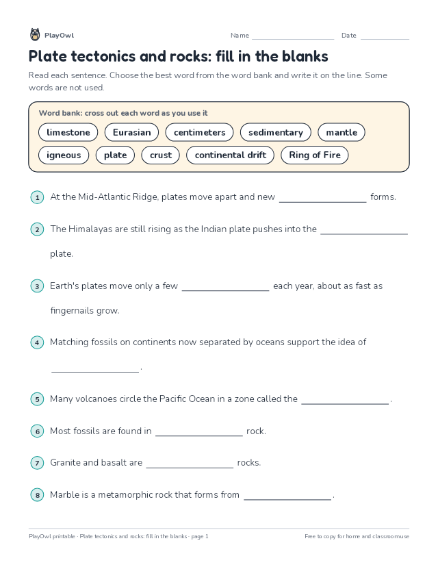 Plate tectonics and rocks: fill in the blanks: fill-in-the-blank worksheet for Grade 7, page 1 preview