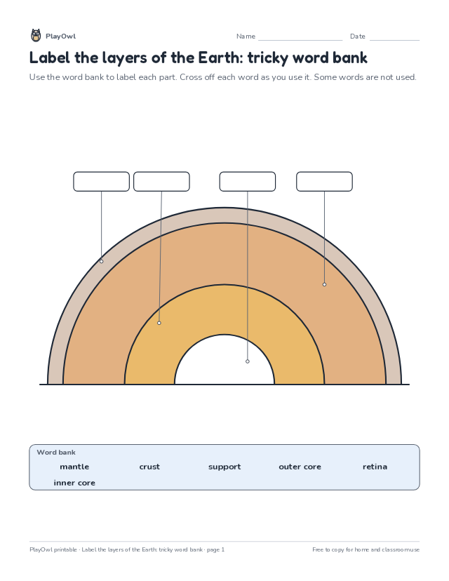 Label the layers of the Earth: tricky word bank: science diagram worksheet for Grade 7, page 1 preview