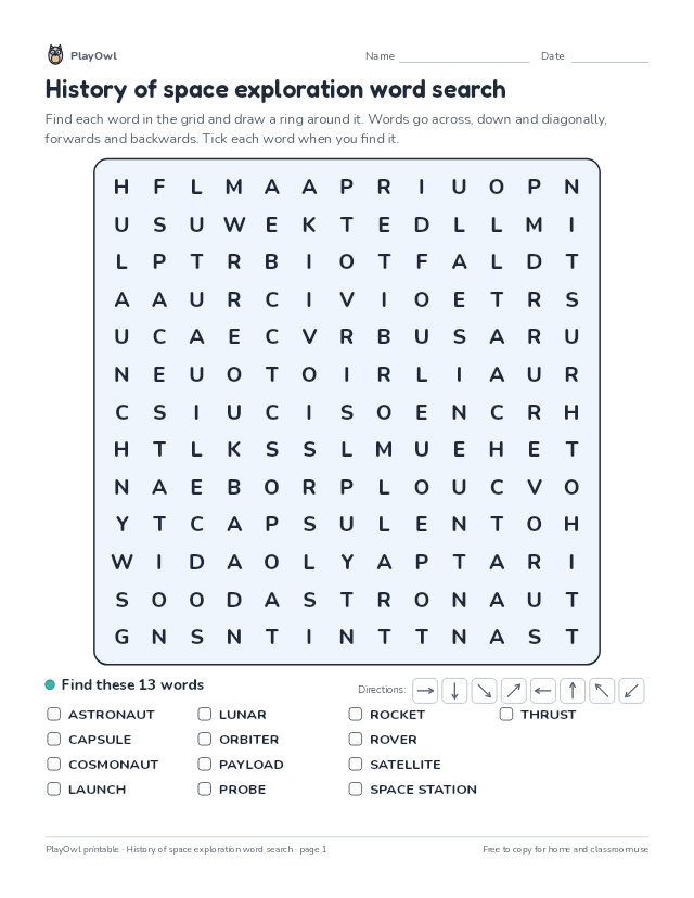 History of space exploration word search: word search for Grade 7, page 1 preview