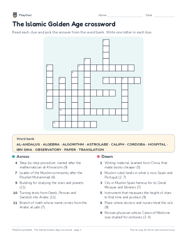 The Islamic Golden Age crossword: crossword puzzle for Grade 7, page 1 preview