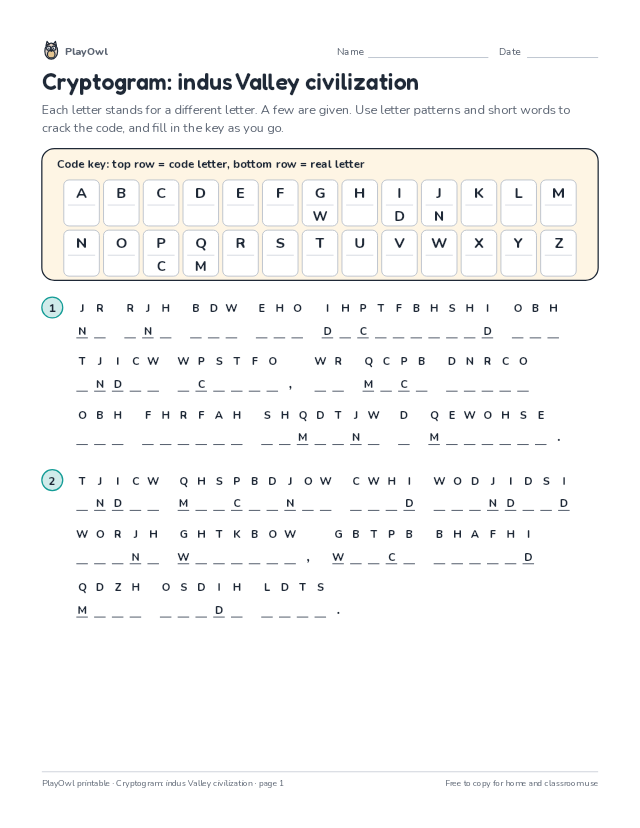 Cryptogram: indus Valley civilization: secret code puzzle for Grade 7, page 1 preview