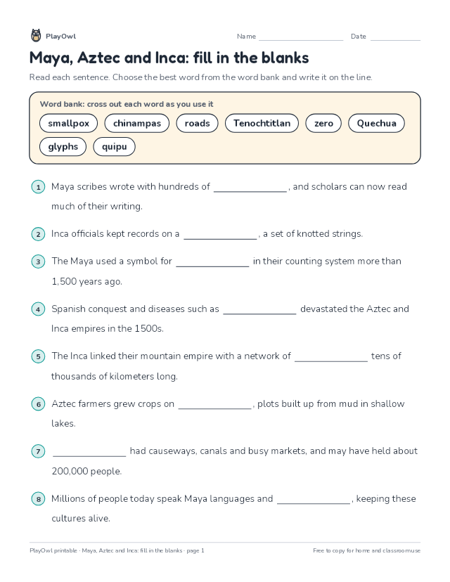 Maya, Aztec and Inca: fill in the blanks: fill-in-the-blank worksheet for Grade 7, page 1 preview