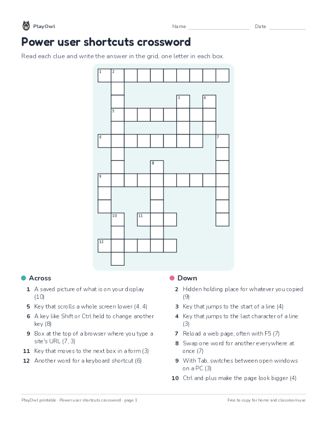 Power user shortcuts crossword: crossword puzzle for Grade 7, page 1 preview
