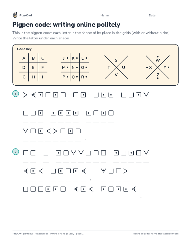 Pigpen code: writing online politely: secret code puzzle for Grade 7, page 1 preview