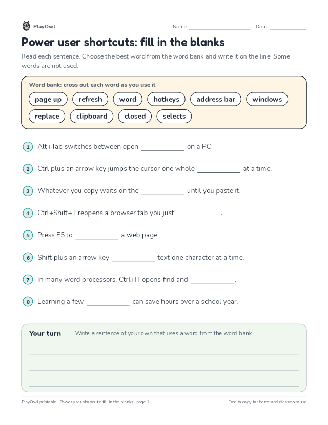 Power user shortcuts: fill in the blanks: fill-in-the-blank worksheet for Grade 7, page 1 preview