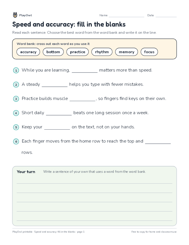 Speed and accuracy: fill in the blanks: fill-in-the-blank worksheet for Grade 7, page 1 preview