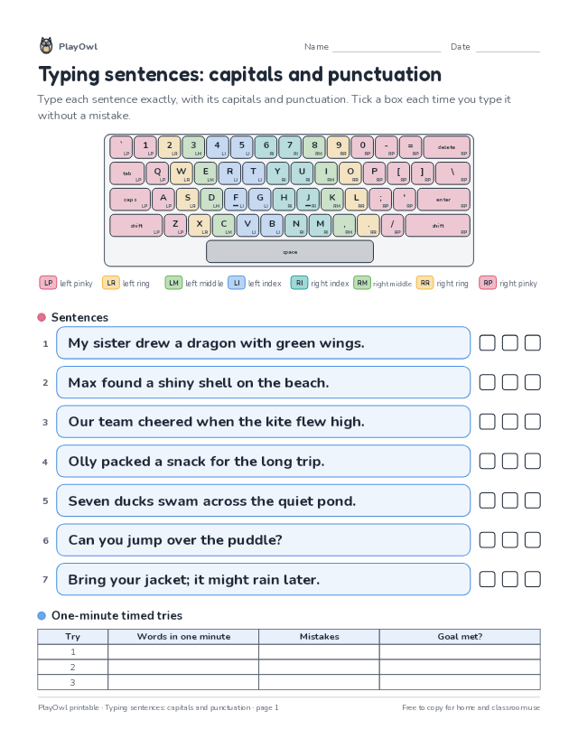 Typing sentences: capitals and punctuation: typing worksheet for Grade 7, page 1 preview