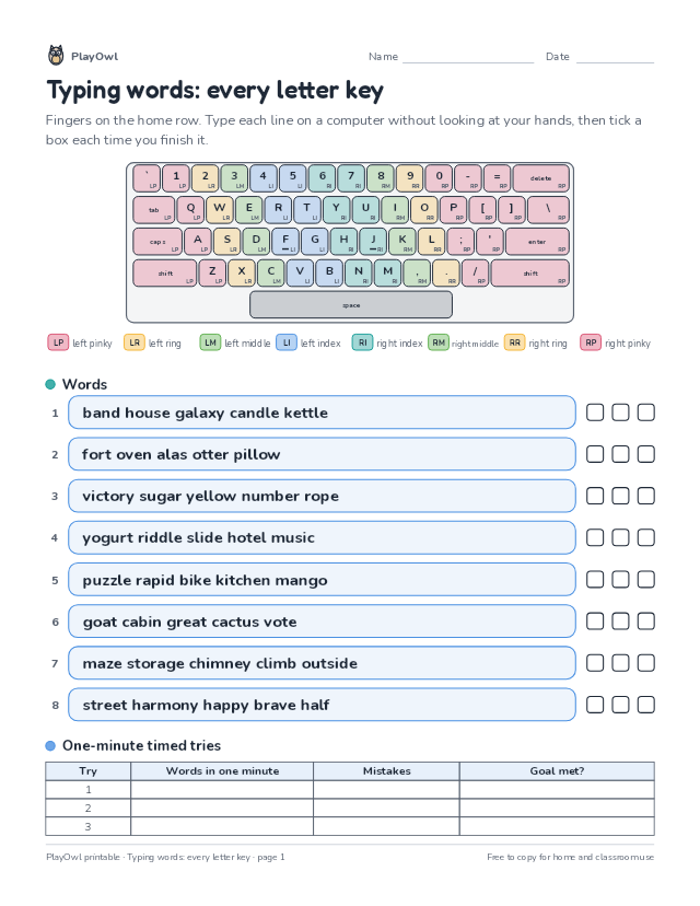 Typing words: every letter key: typing worksheet for Grade 7, page 1 preview