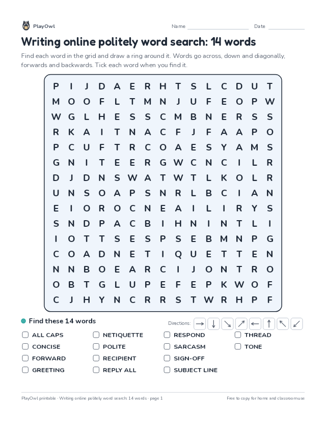 Writing online politely word search: 14 words: word search for Grade 7, page 1 preview