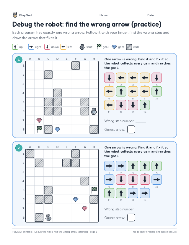Debug the robot: find the wrong arrow (practice): coding puzzle for Grade 8, page 1 preview
