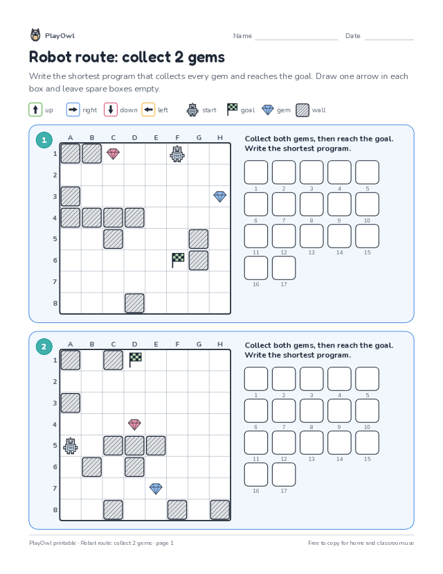 Robot route: collect 2 gems: coding puzzle for Grade 8, page 1 preview