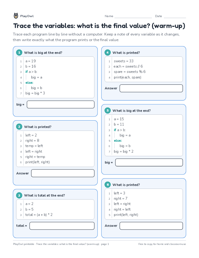 Trace the variables: what is the final value? (warm-up): coding worksheet for Grade 8, page 1 preview