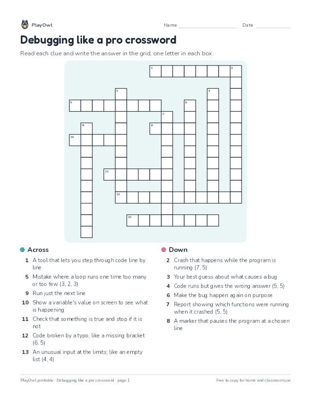 Debugging like a pro crossword: crossword puzzle for Grade 8, page 1 preview