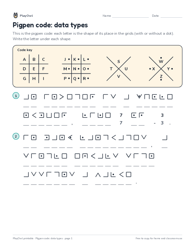 Pigpen code: data types: secret code puzzle for Grade 8, page 1 preview