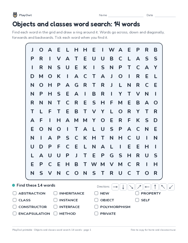 Objects and classes word search: 14 words: word search for Grade 8, page 1 preview