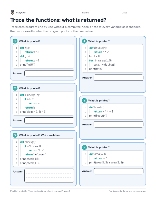 Trace the functions: what is returned?: coding worksheet for Grade 8, page 1 preview