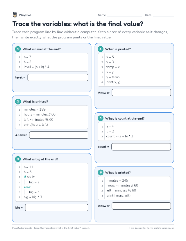 Trace the variables: what is the final value?: coding worksheet for Grade 8, page 1 preview