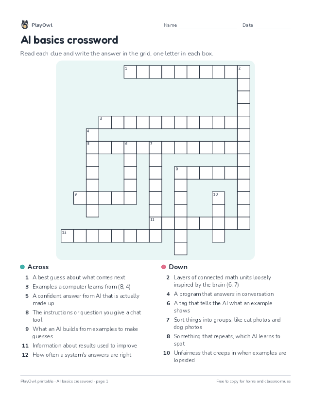 AI basics crossword: crossword puzzle for Grade 8, page 1 preview
