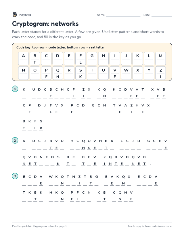 Cryptogram: networks: secret code puzzle for Grade 8, page 1 preview