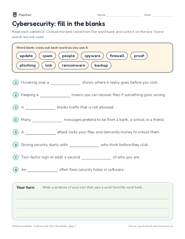 Cybersecurity: fill in the blanks: fill-in-the-blank worksheet for Grade 8, page 1 preview
