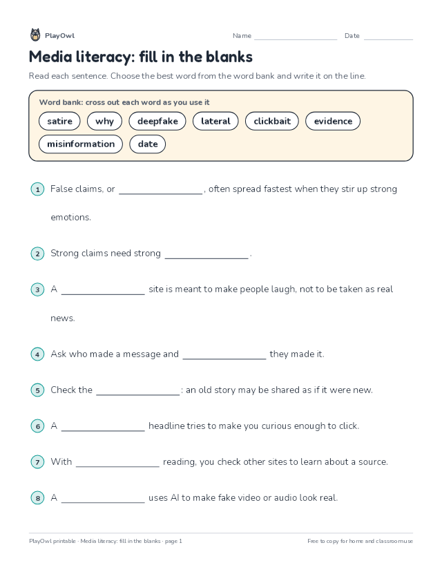 Media literacy: fill in the blanks: fill-in-the-blank worksheet for Grade 8, page 1 preview