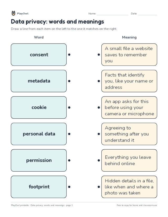 Data privacy: words and meanings: matching worksheet for Grade 8, page 1 preview