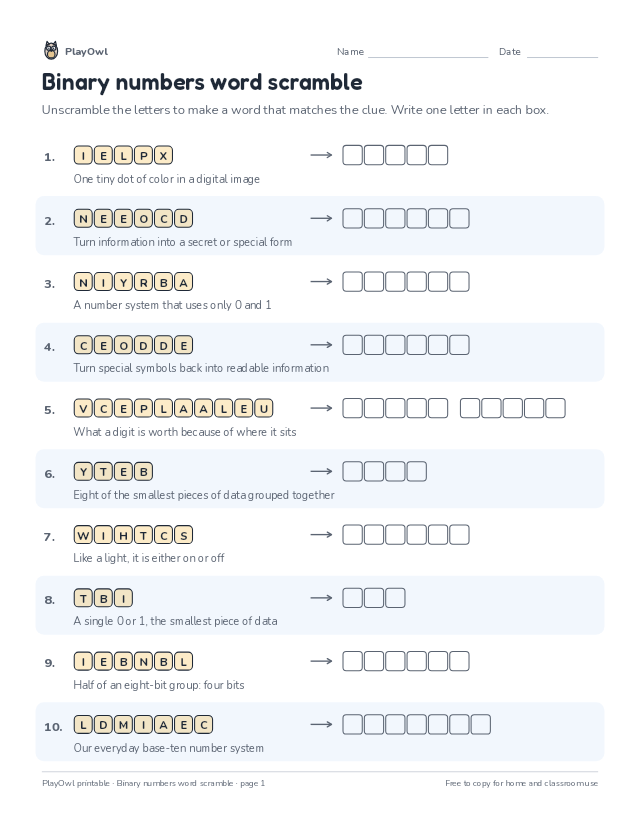 Binary numbers word scramble: word scramble for Grade 8, page 1 preview