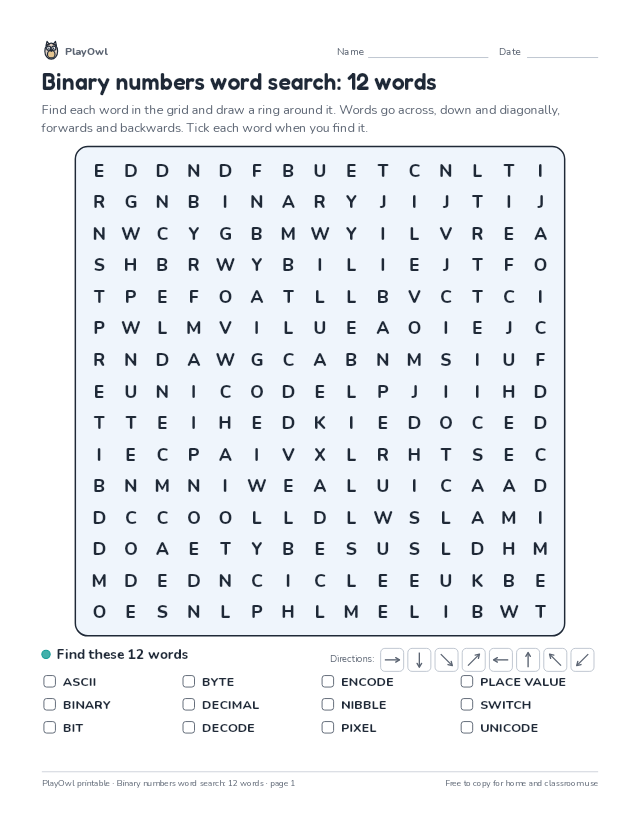 Binary numbers word search: 12 words: word search for Grade 8, page 1 preview