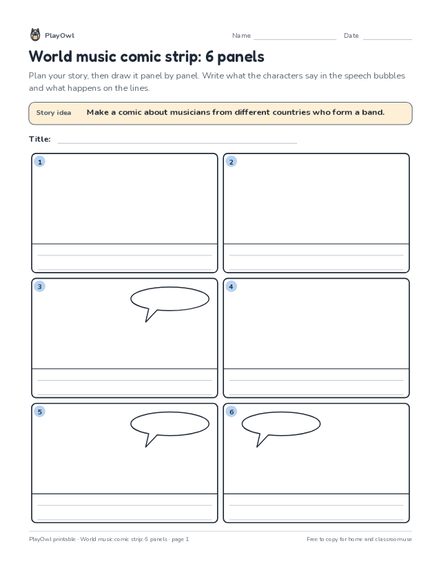 World music comic strip: 6 panels: comic strip worksheet for Grades 8–9, page 1 preview