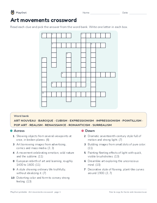 Art movements crossword: crossword puzzle for Grade 8, page 1 preview