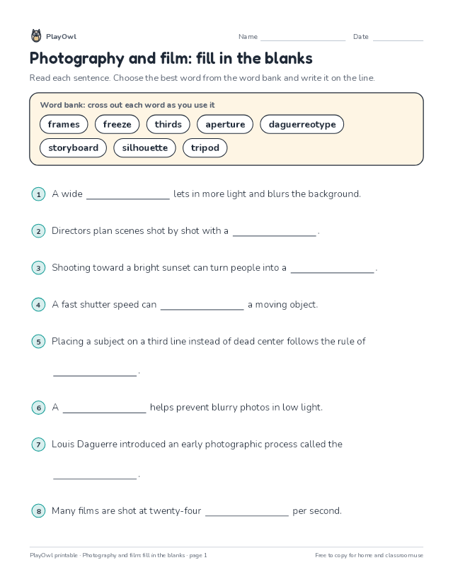 Photography and film: fill in the blanks: fill-in-the-blank worksheet for Grade 8, page 1 preview