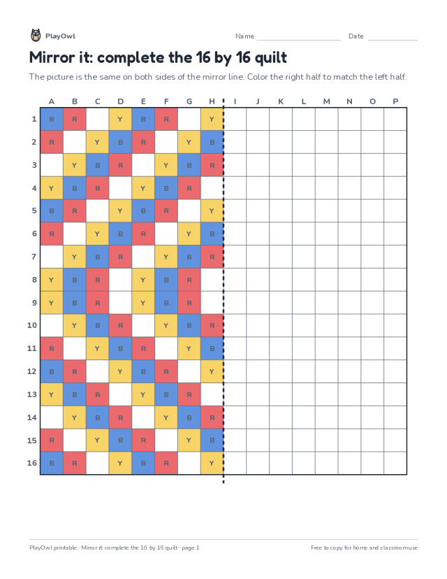 Mirror it: complete the 16 by 16 quilt: grid drawing worksheet for Grade 8, page 1 preview